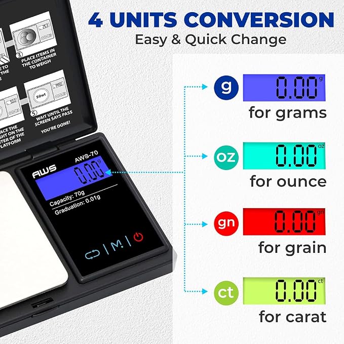 AMERICAN WEIGH SCALES Series Digital Pocket Weight Scale 70g x 0.01g, (Black), American WEIGH SCALES-70-BLK - Image 3
