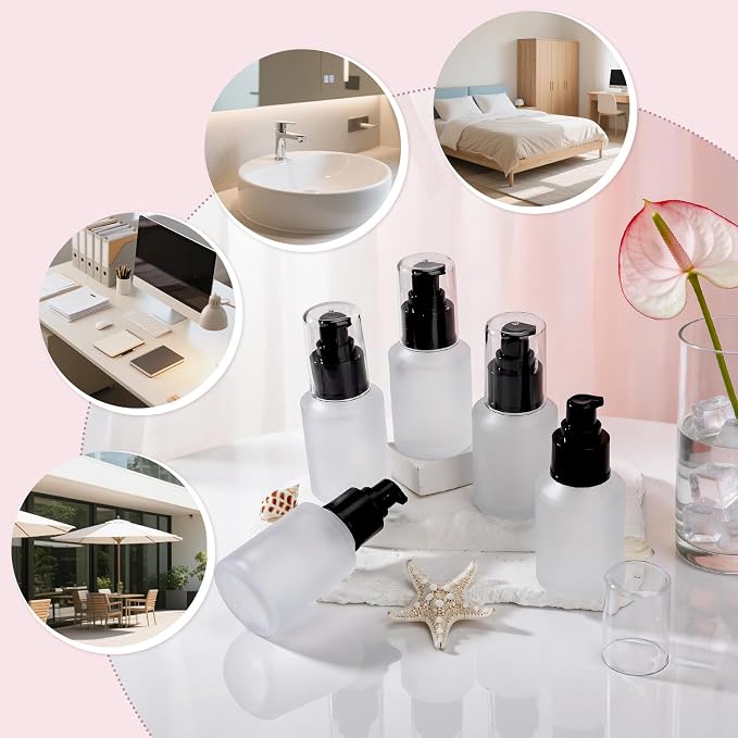 Segbeauty 2oz Frosted Glass Lotion Bottle for Travel, 5pcs Matte Translucent Empty Pump Bottle for Hair Oils, 60ml Travel Size Liquids Container, Refillable Cream Dispenser, Essential Oil Bottle - Image 6