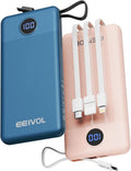Portable Charger with Built in Cables, Slim 10000mAh Power Bank, USB C Battery Pack Travel, 4 Output 2 Input External Charging Bank for iPhone 17/16/15/14/13,Samsung, Android, etc-Blue&Pink(2 Pack) by EEIVOL