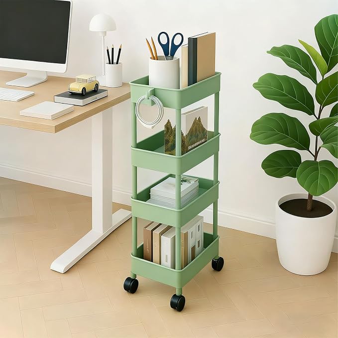 ShellKingdom 4 Tier Bathroom Storage Organizer, Slim Rolling Storage Cart for Narrow Space, Mobile Shelving Unit with Lockable Wheels and Hooks for Bathroom, Kitchen, Laundry Movable Shelf (Green) - Image 4