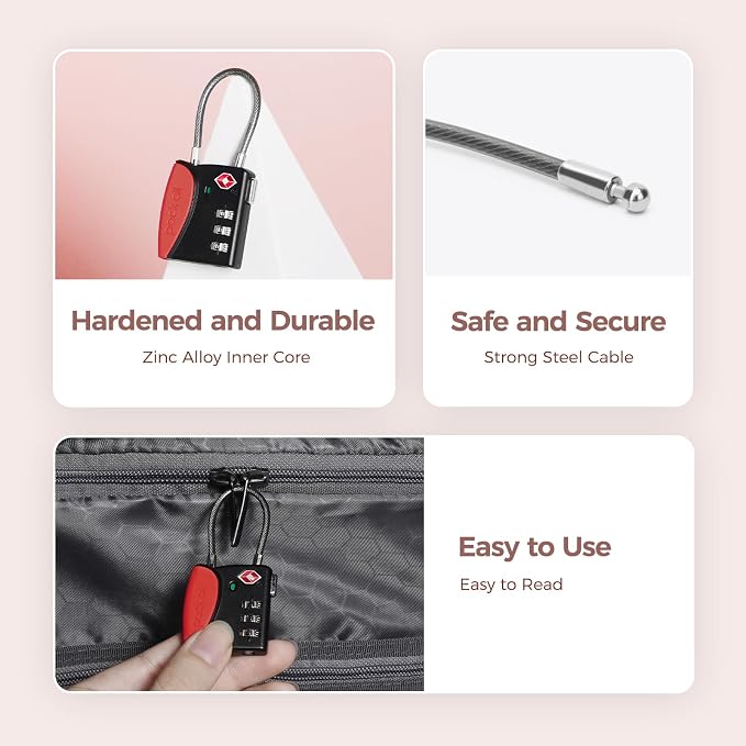 pack all TSA Approved Travel Luggage Locks, Resettable 3-Digit Code | Open Alert Indicator, Flexible Steel Cable, Zinc Alloy Body, Clear Number Dials, For Suitcase, Toolbox, Backpack, 4 Pack - Image 5