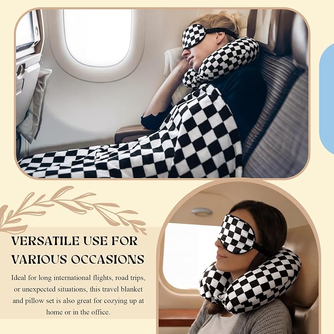 HunnmingRe 5 Pcs Travel Pillow and Blanket Set, 5 in 1 Travel Airplane Compact Includes 40 x 60 Inch Throw Blanket Eye Mask Neck Pillow Earplug and Bag Gifts for Travelers Women(Checkered,Black) - Image 8