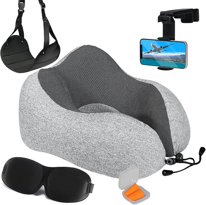 Homeify Airplane Travel Kit – Adjustable Memory Foam Airplane Neck Pillow with Phone Holder, Eye Mask, Foot Hammock, and Earplugs – 6 Piece Plane Travel Essentials for Long Flights by Homeify