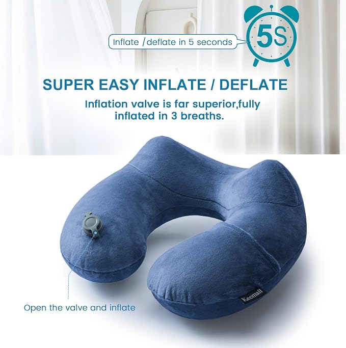 Keemall Inflatable Travel Neck Pillow for Airplane to Relieve Neck Pain | Comfortable U-Shaped Head &Neck Rest with Soft Plush Cover, Great for Long Flights, Car, Train, Office & Home Naps - Image 3