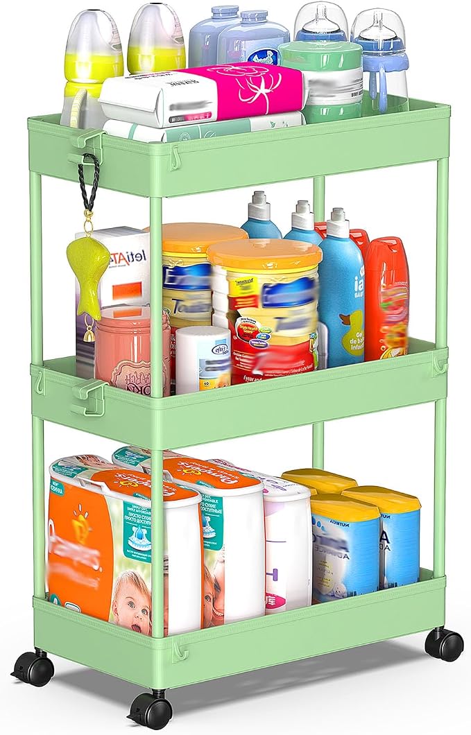 SPACEKEEPER 3 Tier Rolling Cart, Bathroom Cart Organizer with Wheels, Green | Mobile Storage Cart for Laundry Room Organization,Kitchen,Office,Bathroom, Utility Cart for Snack,Craft,Art,Makeup,Nail,Toys by SPACEKEEPER