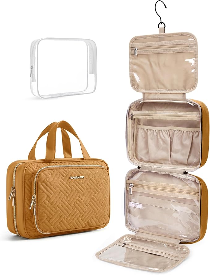 BAGSMART Toiletry Bag Hanging Travel Makeup Organizer with TSA Approved Transparent Cosmetic Bag Makeup Bag for Full Sized Toiletries(Stone Khaki) by BAGSMART