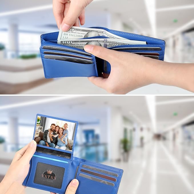 VATAN Wallet for Men Slim RFID Blocking Leather Credit Card Holder Wallet for 15 Cards, Bifold Minimalist Thin Wallet with 2 ID Windows & Cash Slot, With Gift Box (Carbon Black and Blue) - Image 3