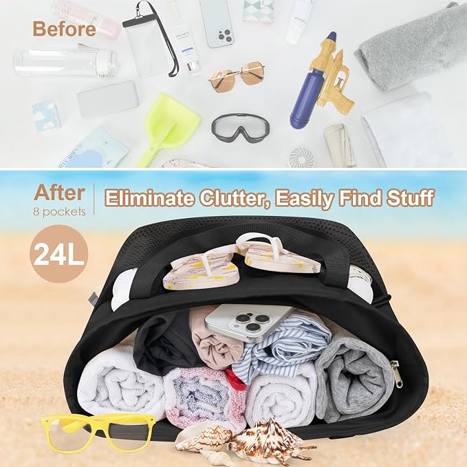 KABAQOO Large Beach Bag Waterproof Sandproof Tote Bag for Women with Zipper & Mesh Pockets for Pool Swim Travel Everyday | waterproof - Image 6