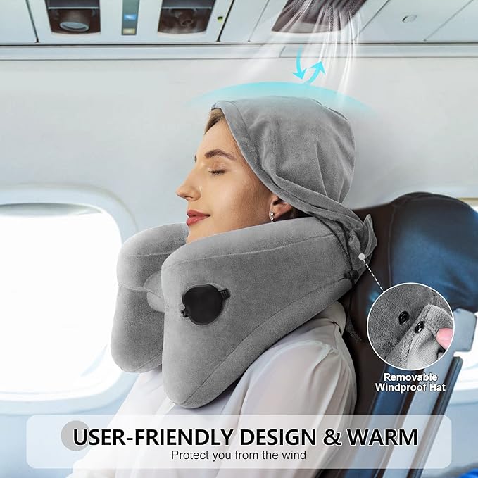 Sunany Neck Pillow for Travel Inflatable Airplane Pillow Comfortably Supports Head,Neck and Chin,Inflatable Travel Pillow with Soft Velour Cover,Hat,Portable Drawstring Bag (Grey) - Image 5