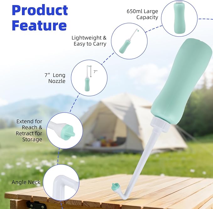 Hibbent Portable Bidet Sprayer and Travel Bidet with Hand Held Bottle for Personal Cleansing, Extended Nozzle Spray for Childbirth, Personal Hygiene, Outdoor, Camping with Travel Bag- 22oz/ Green - Image 2