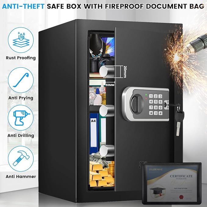 [16.54" Tall] Safe Box, 2.8 Cuft Home Safes With Fireproof Bag | Anti-Theft Security Safes for Home with Programmable Keypad Keys, Digital Safety Box for Money Documents Valuables Jewelry - Image 2