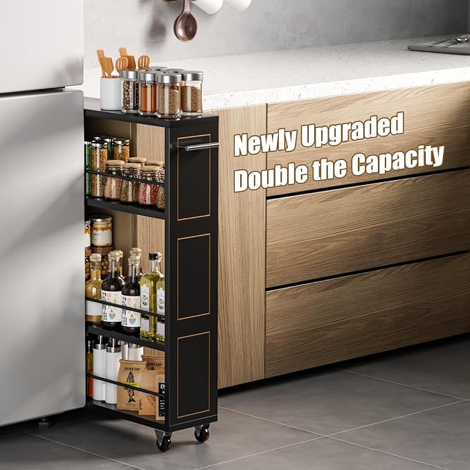 KLM 4 Tier Black Slim Storage Cart with Handle, Slide Out Storage Rolling Utility Cart for Kitchen, Laundry, Narrow Places-6.7" W - Image 2