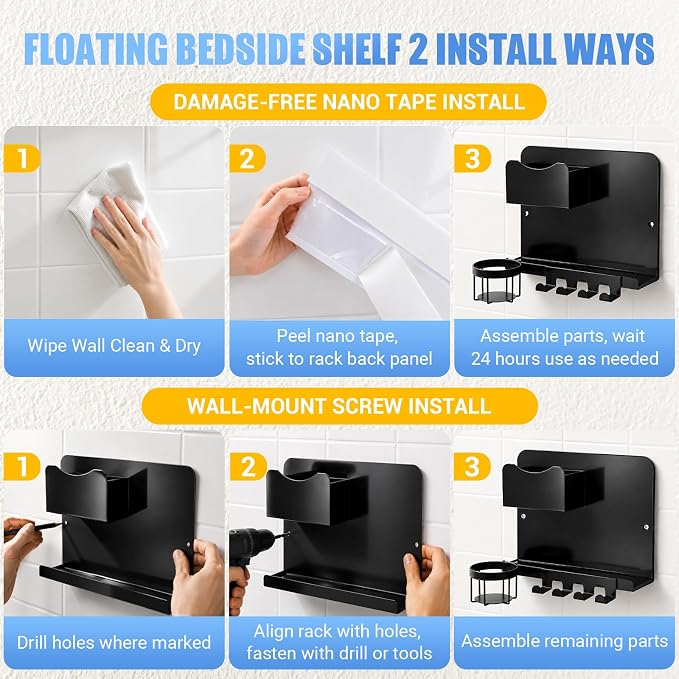 Metal Bedside Wall Shelf, No Drill Floating Bedside Shelf Wall Organizer | Bedside Wall Shelf with Detachable Cup Holder for Bedroom, Dorm, Nightstand Alternative, Bunk Bed Accessories & RV Storage - Image 7