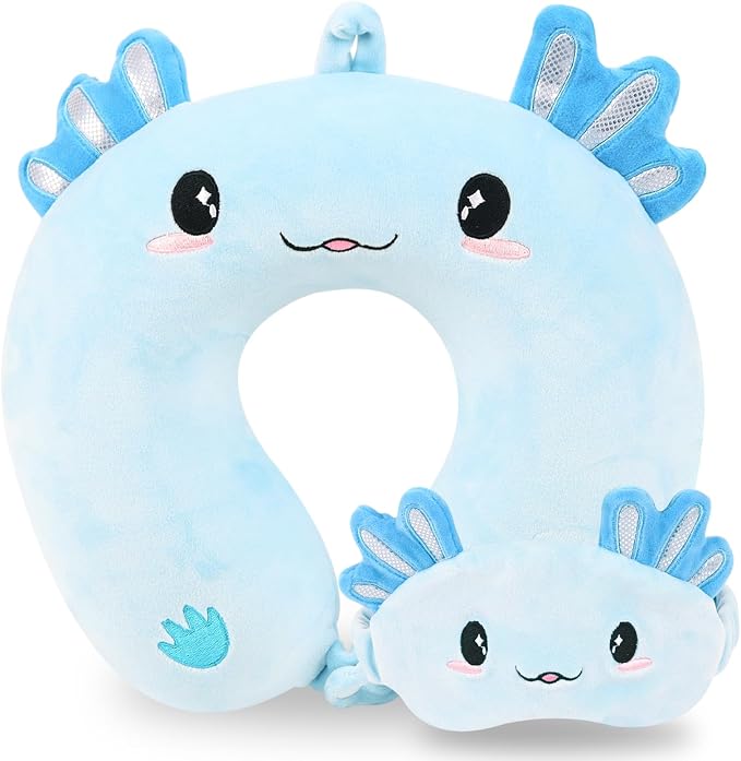 Travel Pillow, Kids Travel Pillow with Sleep Eye Mask Soft Memory Foam Kids Neck Pillow for Boys & Girls, Travel Accessories for Car Airplane Traveling - Blue Axolotl by MissSoul