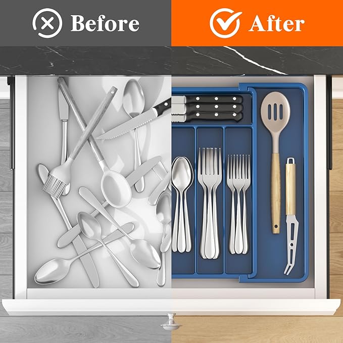 Lifewit Expandable Silverware Drawer Organizer, Kitchen Utensil Tray | BPA-free Plastic Flatware Cutlery Holder, Space-Saving Storage for Spoons Forks Knives, 11-18 x 14 x 1.5“, Dark Blue - Image 5