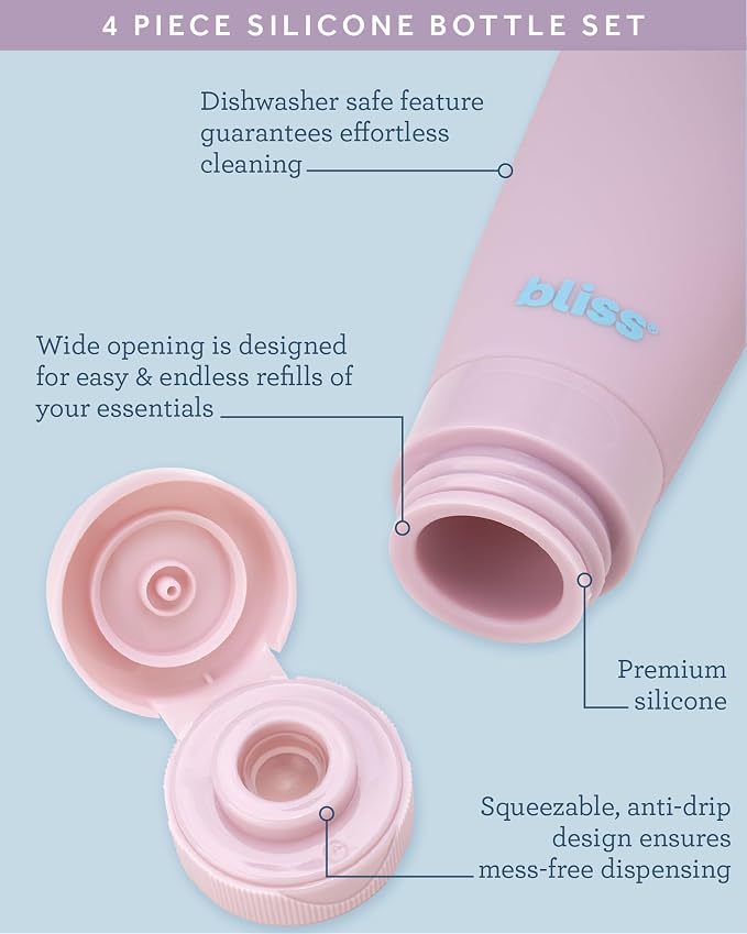 Bliss Travel Bottles Set TSA Approved Leak-Free Refillable Toiletries | Soft, Durable Containers Compress and Rebound Easily, Includes Spray Options for Toners and Mists, Carry-On Ready - Image 4