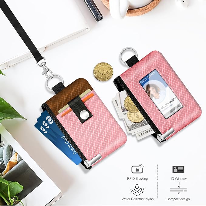 Minimalist RFID Blocking Small Wallet with ID Window,WaterResistant Zip Id Case Wallet with Lanyard Keychain for Cards,Cash,Travel,Women,Men (Pink/Brown) - Image 8
