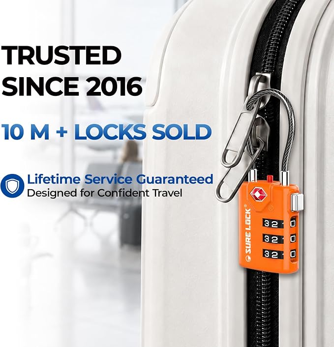 SURE LOCK TSA Approved Combination Luggage Locks with Open Alert Indicator – Durable Zinc Alloy Cable Travel Locks with Large Easy-Read Dials for Suitcases, Backpacks & Gym Bags Orange 4 Pack - Image 2