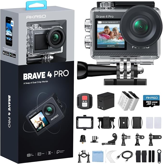 AKASO Brave 4 Pro Action Camera 4K with 128GB MicroSD U3 Card Bundle | 131FT Underwater Waterproof Camera 20MP EIS Touch Screen WiFi 5X Zoom with 2x1350mAh Batteries and Helmet Accessories Kit by AKASO