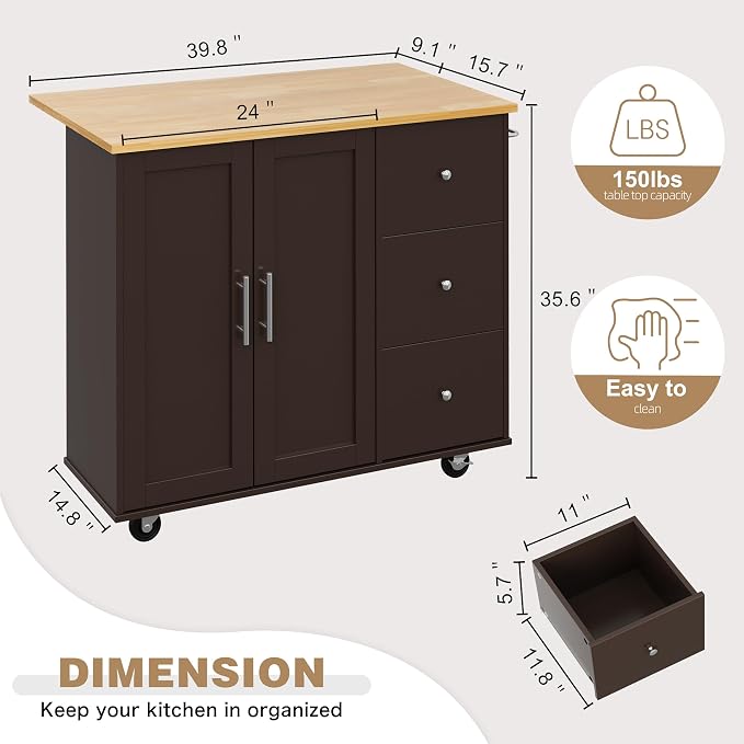 Shintenchi Kitchen Island with Folding Drop Leaf, Rolling Island Table with Storage, Kitchen Cabinet on Wheels with Seating Area for Kitchen, Bar Cart with Cabinet, Brown - Image 4