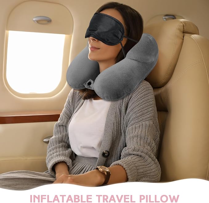 Sintuff 2 Pack Inflatable Travel Pillow for Airplanes Inflatable Neck Flight Pillows with Compact Bag and Blindfold for Traveling, Airplane, Train, Car, Office(Dark Gray and Light Pink) - Image 4