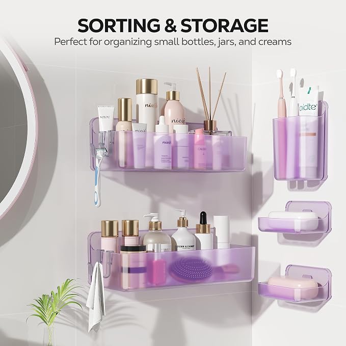 Nieifi Adhesive Shower Shelves, Purple, 5 Pieces | Rustproof ABS, Large Capacity, Removable Design, Easy-Clean, No Drilling Shower Organizer for Bathroom Storage & Home Decor - Image 9
