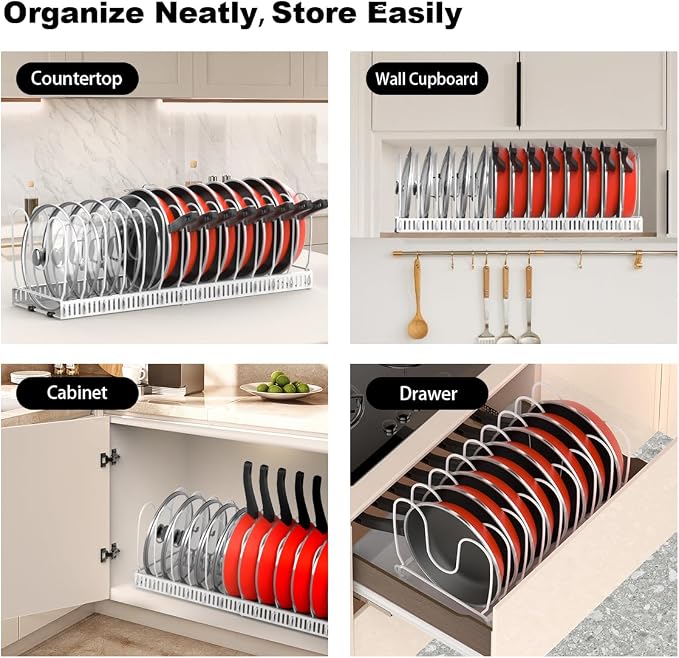 Housolution Pot and Pan Lid Organizer Holder Storage Rack, White | 12"-23" Expandable, 14 Adjustable Dividers, Sturdy Metal Construction, Easy Assembly - Image 6