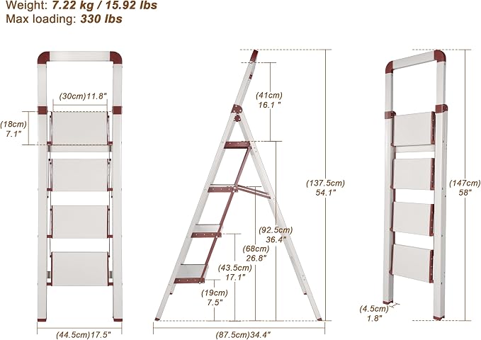 Step Ladder 4-Step White Finish Aluminum Iron Folding Ladders | Anti-slip Sturdy Foldable Ladder Step Stool for Kitchen Home Office Libaray - Image 2