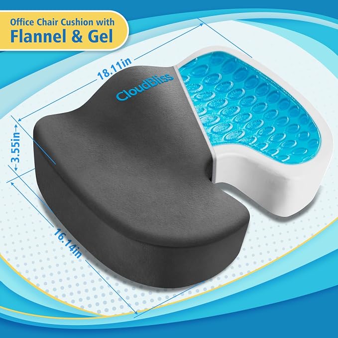 CloudBliss Gel Memory Foam Seat Cushion for Long Sitting, X-Large, Grey | Gel Chair Pad for Tailbone, Coccyx, Sciatica , Soft Suede Cover, Non-Slip , Washable Mesh, for office, home, car - Image 2