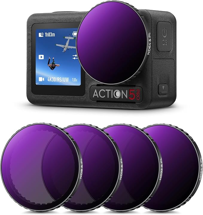 K&F CONCEPT Push-in ND/PL Filter Kit for DJI Osmo Action 3/4/5 Pro | 4 Pack ND8/PL ND16/PL ND32/PL ND64/PL Neutral Density Polarizing Reduce Glare Light Control, FD131 by KFCONCEPT