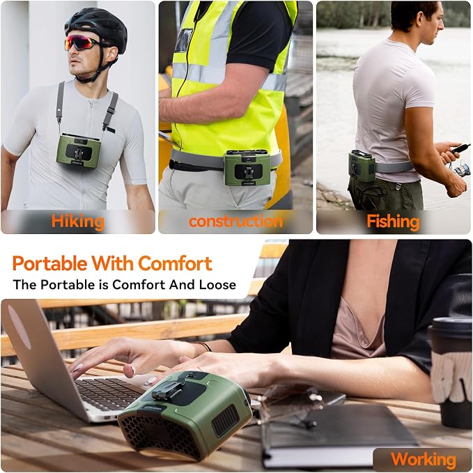 Doublepow 10000mAh Portable Waist Fan, Personal Dual Waist Fan, Clip On Belt Hanging Neck, Dual Motor 20H&10 Speed 16000RPM Strong Airflow, USB Rechargeable Fans, for Outdoor Work Travel(K60-Green) - Image 7