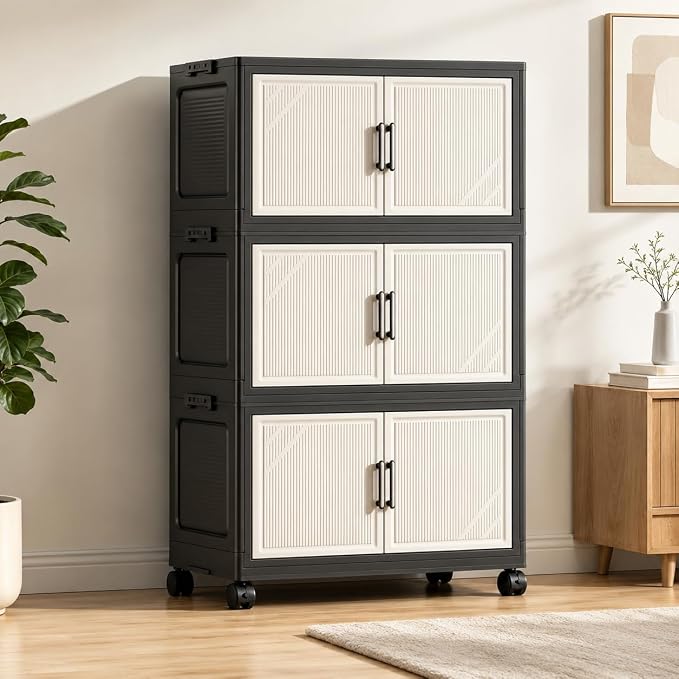 3 Tier Foldable Storage Cabinet with Wheels and Magnetic Doors | Premium PP Material Large Storage Organizer, Space-Saving Utility Storage for Home, Apartments, Dorm, Office, Rv by FoldTrend