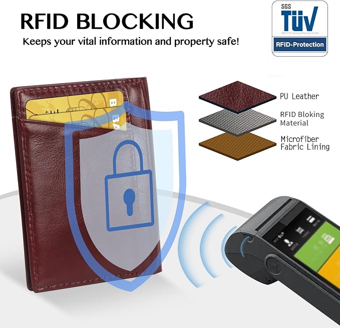 Unaone Slim Minimalist Wallet - Premium Leather RFID Blocking Front Pocket Wallets with 8 Card Slots and 2 ID Window, Wine Red - Image 4