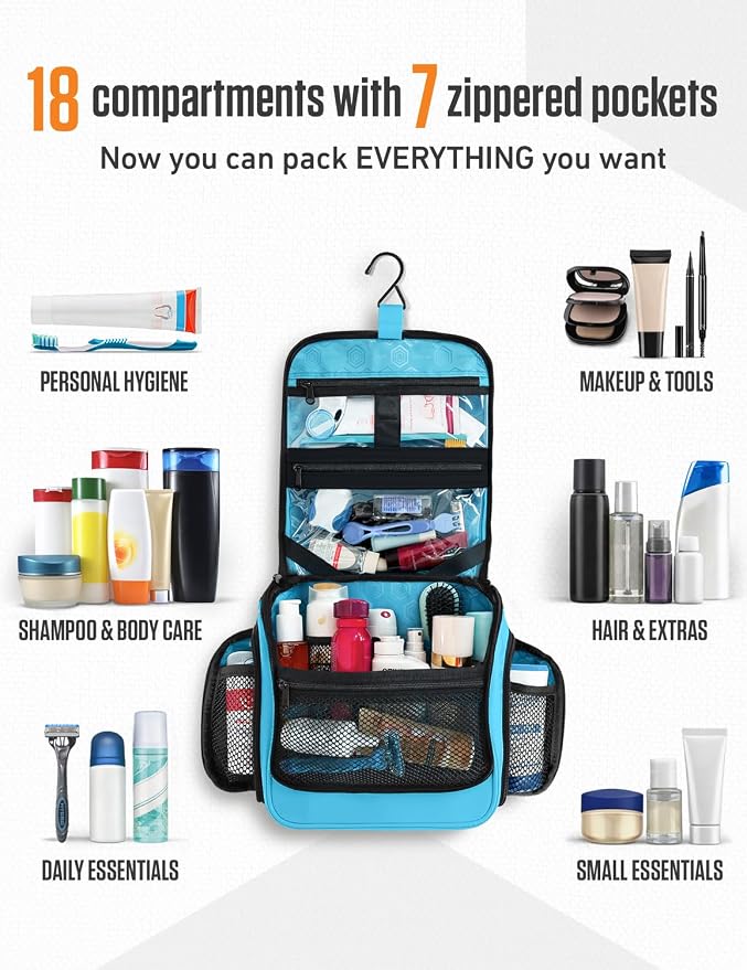 VENTURE 4TH Hanging Travel Toiletry Bag 18 Compartments - Tiffany Blue | Hangs on rails, hooks or doors; stands upright. Removable TSA pouch. Water-resistant Nylon 290D Twill, reinforced stitching. - Image 3