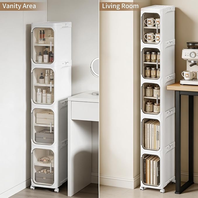 4-Tier Narrow Storage Cabinet Slim Bathroom Tall Skinny Organizer,White | Foldable Storage Cabinet with Lockable Rolling Wheels Magnetic Clear Door Adjustable Detachable Shelves For Narrow Space - Image 5