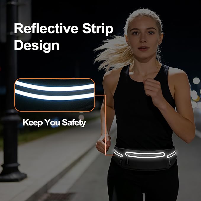 Slim Running Belt for Women Men,Phone Holder Waist Pack,Runners Fanny Pack | No-Bounce,Sweat-Proof Pocket,Travel Money Pouch for Gym/Hiking/Cycling,Three pocket,Two Highly Reflective Strips - Image 6