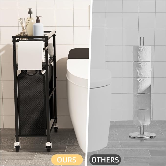 Toilet Paper Holder with Storage Bag & Wheels - Freestanding Bathroom Organizer Holds 9 Rolls for Small Spaces, Essentials Storage Beside Toilet-Black - Image 5
