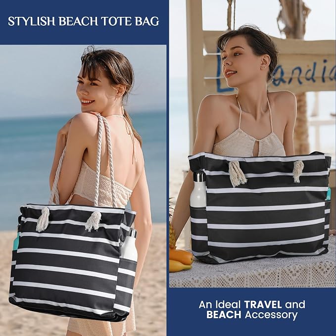 Clothirily Beach Bag for Women, Large Beach Tote Bag Waterproof with Zipper | Large Capacity Swim Pool Bag, Inner Pockets, Sandproof Foldable Beach Tote for Travel Essentials - Image 2