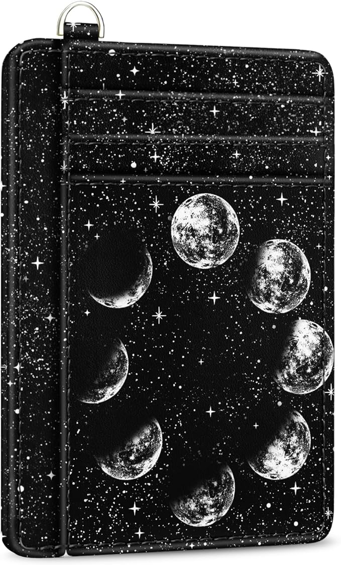Yonlevres Moon Lunar Credit Card Holder Slim RFID Wallet Women Small Travel | Front Pocket, Handy, RFID Blocking, Woman Girls Ladies Gifts, D-ring for Keychain,Thin Mini Card Case, ID Window, PU Leather by Yonlevres
