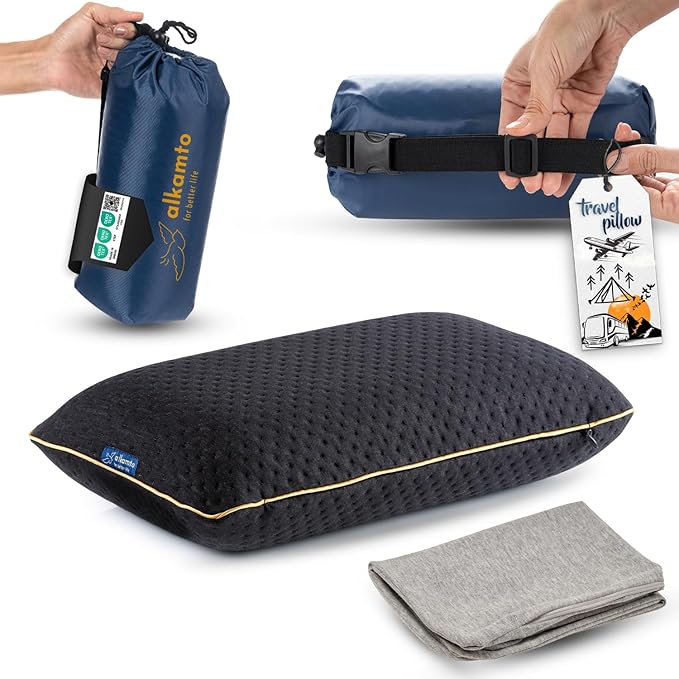 alkamto Travel & Camping Comfortable Memory Foam Pillow – Easy to Carry Portable Bag – Temperature Regulating Pillow Case (Black + Extra Cover) by Alkamto