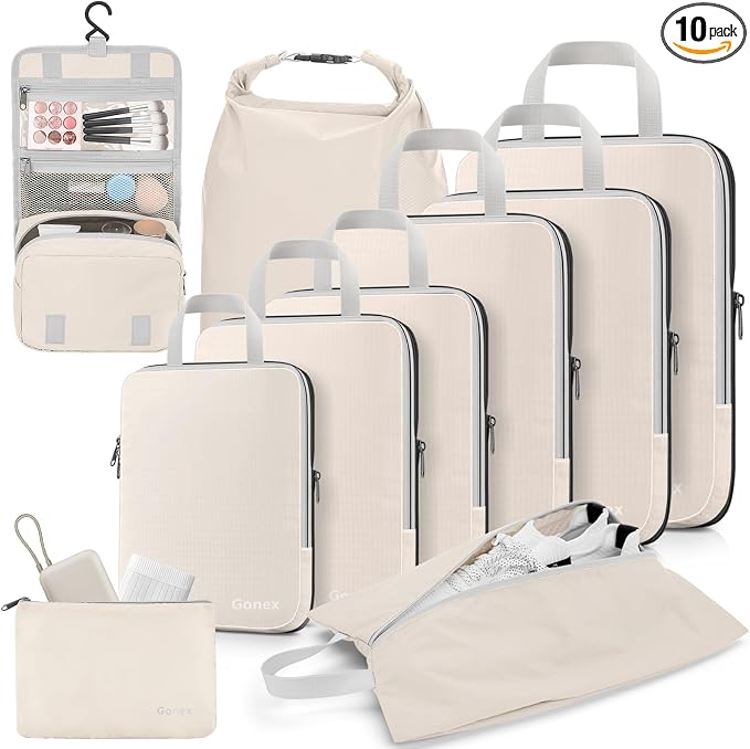 Gonex 10-Piece Compression Packing Cubes with Travel Organizer Set | Expandable Design, Hanging Toiletry Bag, Laundry Bag, Shoe Bag, Accessories Bag, Ripstop Fabric by Gonex
