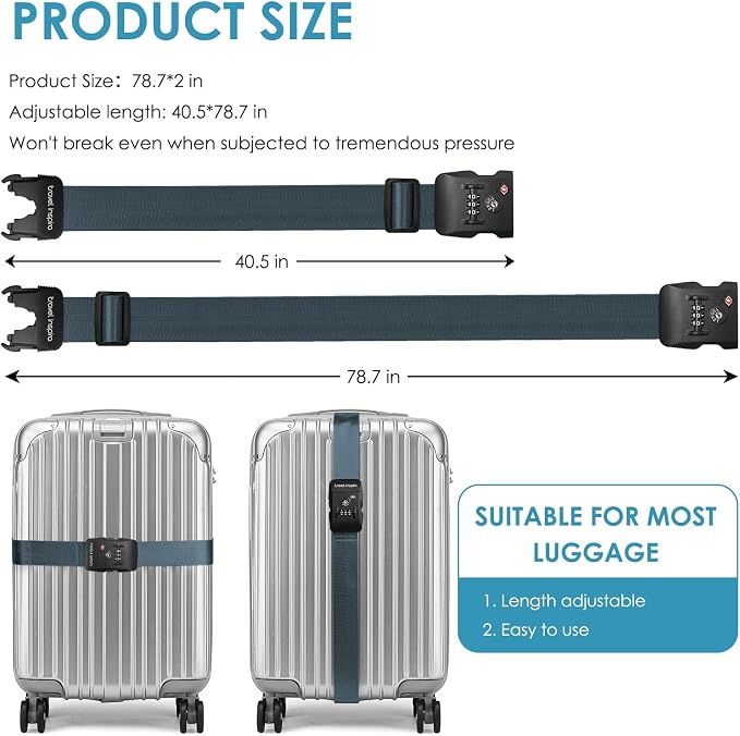Travel Inspira Heavy Duty Luggage Straps with TSA Lock Navy Blue | Anti-Burst Protection; TSA-Lock Belt with Tag; Adjustable 103-200cm; 20-28 Inch Bags; Anti-Burst Protection for Buiness - Image 7