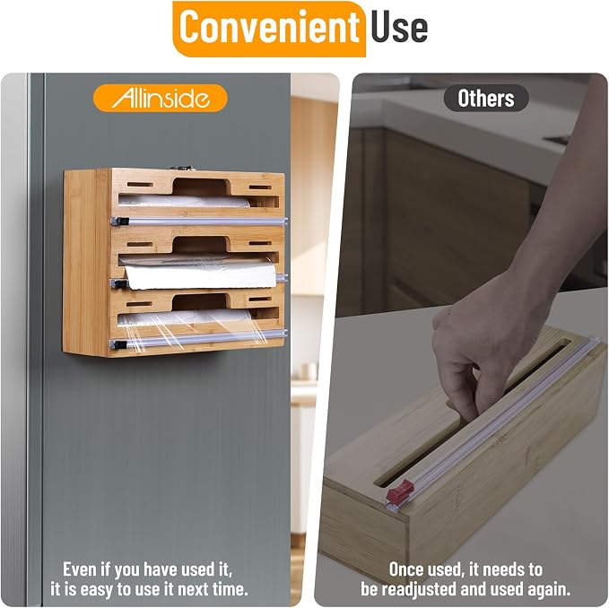 Allinside Magnetic Plastic Wrap Dispenser with Cutter, 3 in 1 Refrigerator Bamboo Wood Organizer for Tin Foil, Baking Paper, Wax Paper Holder Kitchen Storage Box Compatible with 12.9" Roll (3 Layer) - Image 3