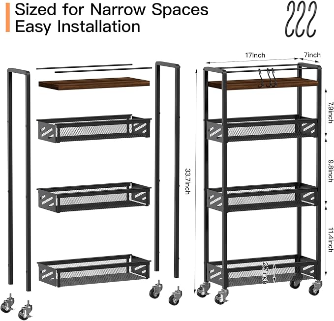 DGSNADGO Slim Rolling Storage Cart, 4-Tier Narrow Kitchen Cart with Wheels | Metal Mobile Snack Shelving, Rolling Spice Rack for Small Space in Kitchen, Living Room, Bathroom, Rustic Brown and Black - Image 4
