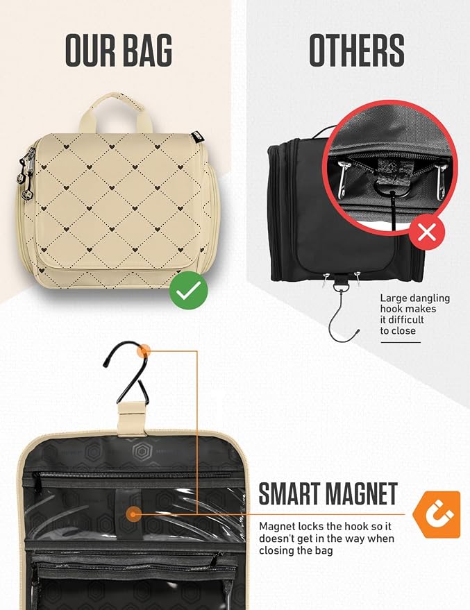 VENTURE 4TH Hanging Travel Toiletry Bag, 17 Compartments - Beige Diamonds | Hangs on rails, hooks or doors; stands upright too. Removable TSA pouch. Water-resistant 900D Nylon, reinforced stitching. - Image 6