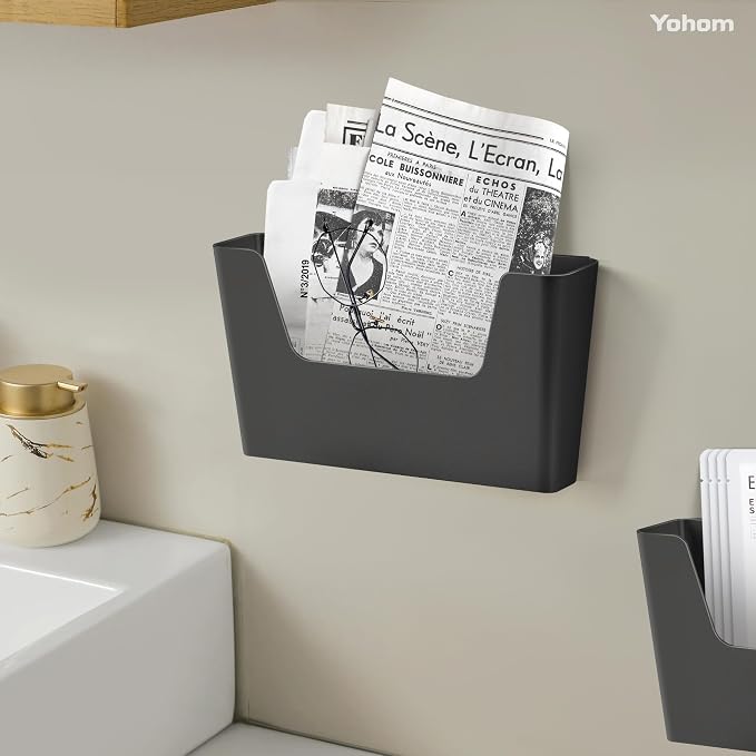 YOHOM Adhesive File Holder Plastic Document Folder Door No Drilling Mount Mail Magazine Organizer A4 Filing Envelopes Folder, Office Wall Mount Single Pocket (BLACK, 5 PCS) - Image 5