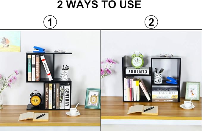 Desktop Shelf Freestanding Wooden Small Bookshelf Desk Supplies Organizers and Accessories Storage Display Rack Office Dorm Decor for Women, Black - Image 6