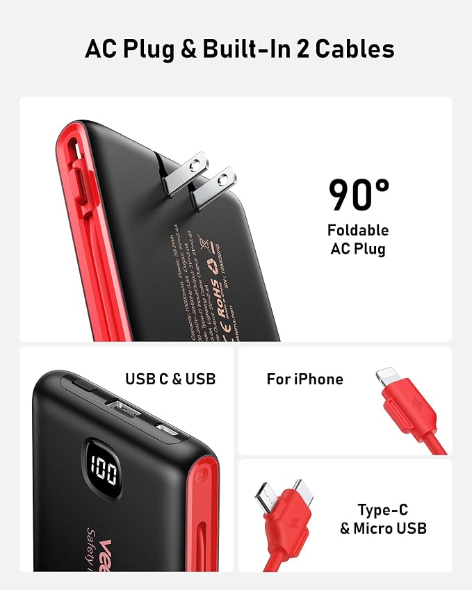 VEEKTOMX Portable Charger with Built-in Cables and AC Wall Plug, 10000mAh | Pocket-Size Travel Power Bank with USB-C and Micro-USB Cables for up to 4 Devices Including iPhone, iPad, Samsung, Red Black - Image 2