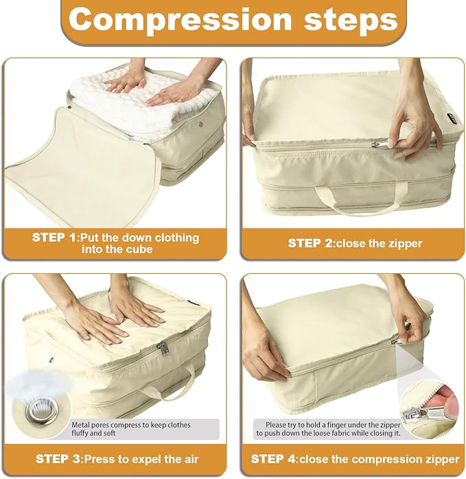 Compression Packing Cubes Travel Packing Suitcase Organizer Bags, Beige | Heavy Duty Expandable Travel Cubes for Packing Luggage Organizer Bags Compression Bags for Travel Essentials - Image 4