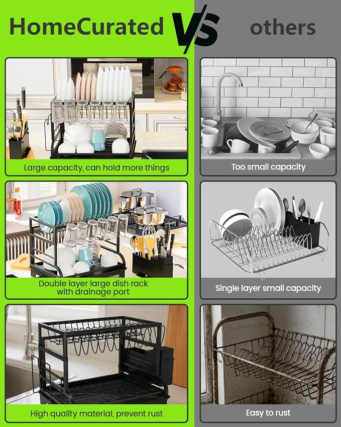 2-Tier Foldable Dish Drying Rack with Drainboard, Stainless Steel Large Capacity Kitchen Counter Organizer with Cup Holder, Utensil & Cutting Board Storage, No Assembly Required, Black - Image 8
